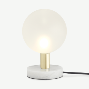 Boll Table Lamp, White Marble, Black & Frosted Glass