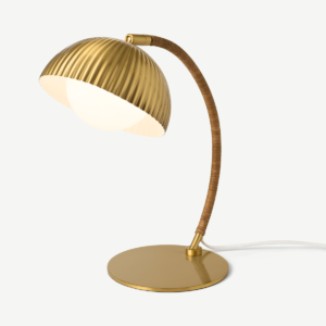 Shell Table Lamp, Antique Brass & Natural Rattan